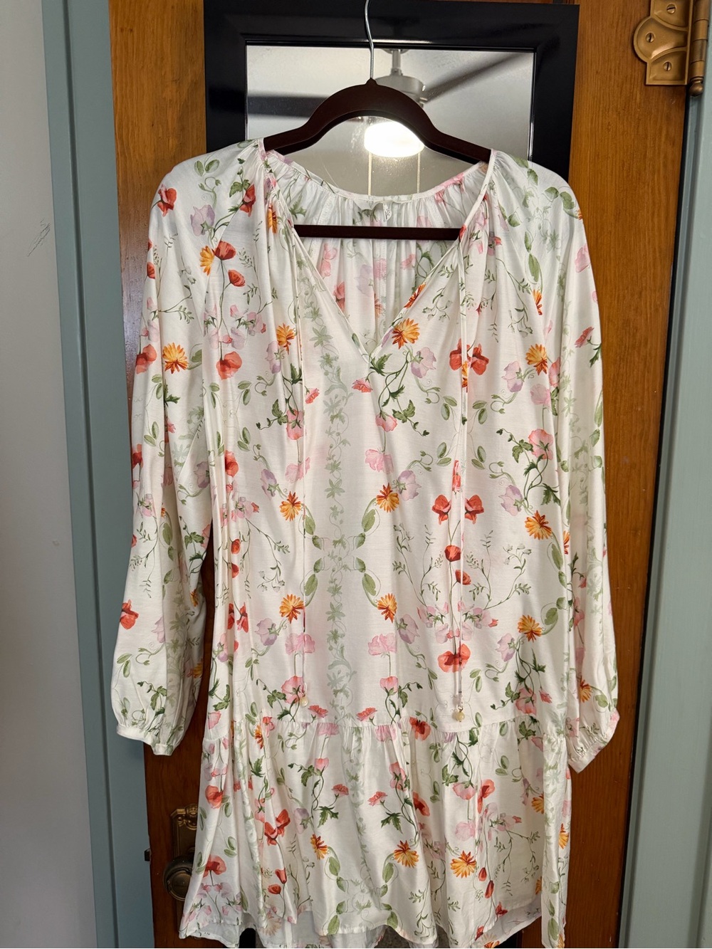 H&M White Floral Long-Sleeve Peasant Dress with Pink and Orange Blooms